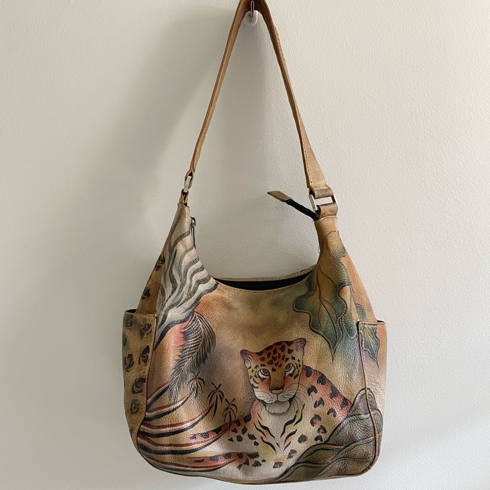 RARE Anuschka Hand-Painted Leopard Shoulder Bag - Picture 6 of 12